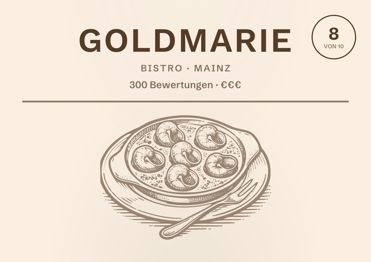 Illustriertes Poster von goldmarie, Bistro in Mainz: Bewertung 8 von 10 aus 300 Bewertungen, Preisniveau €€€