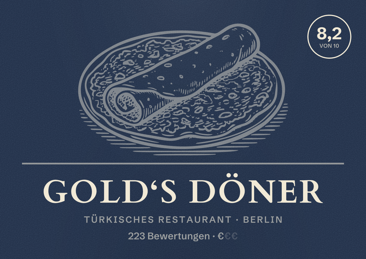 Illustriertes Poster von Gold‘s Döner, Türkisches Restaurant in Berlin: Bewertung 8,2 von 10 aus 223 Bewertungen, Preisniveau €