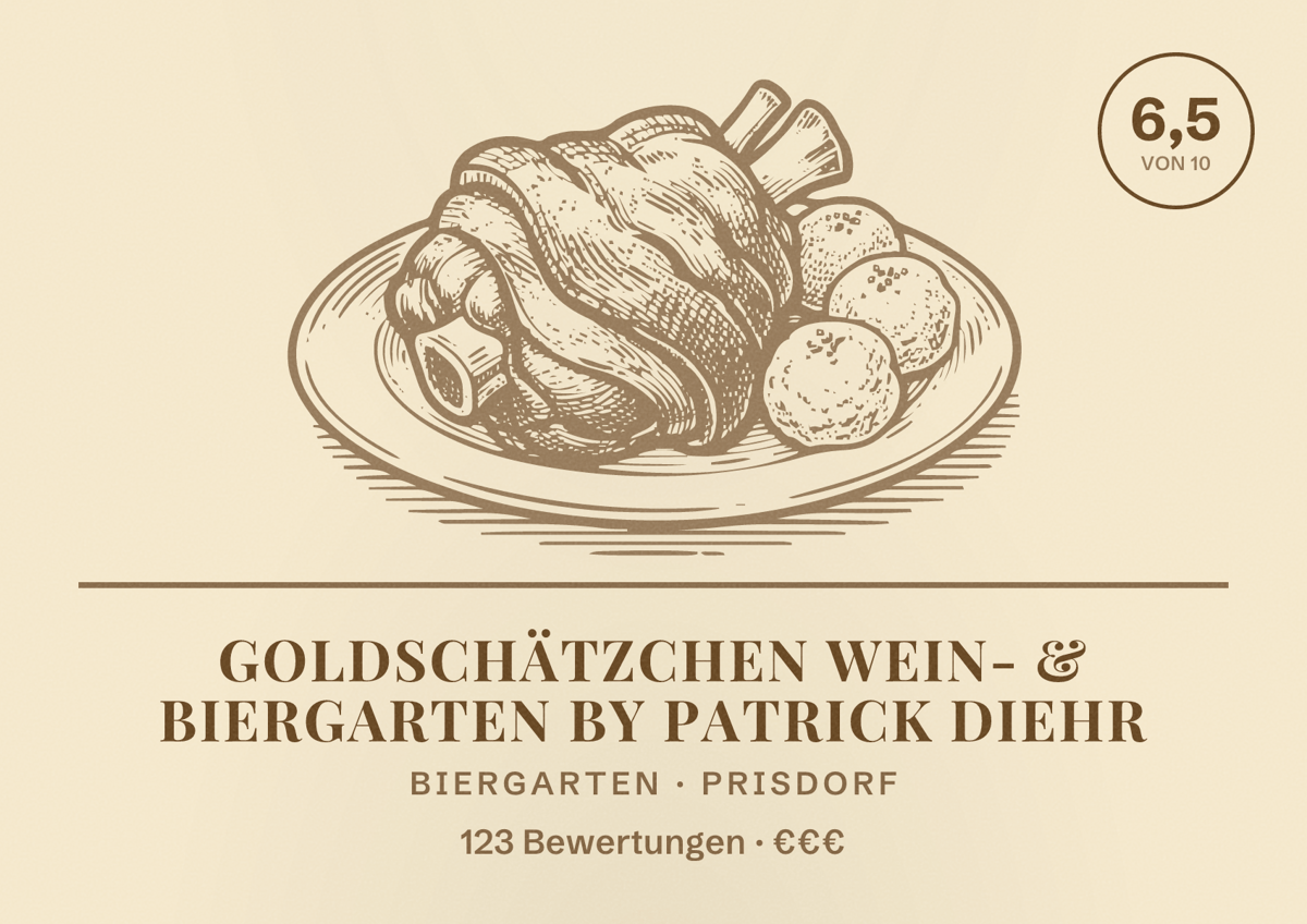Illustriertes Poster von Goldschätzchen Wein- & Biergarten by Patrick Diehr, Biergarten in Prisdorf: Bewertung 6,5 von 10 aus 123 Bewertungen, Preisniveau €€€