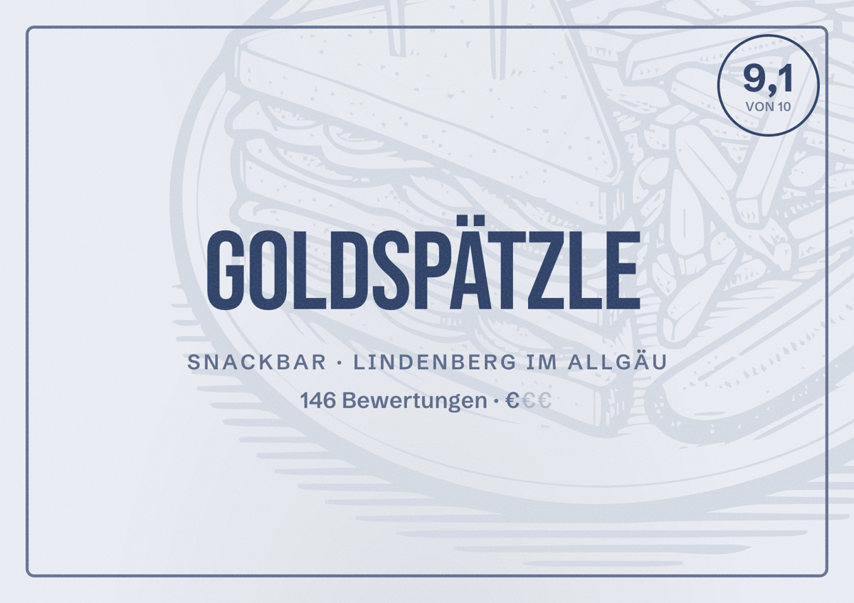 Illustriertes Poster von Goldspätzle, Snackbar in Lindenberg im Allgäu: Bewertung 9,1 von 10 aus 146 Bewertungen, Preisniveau €