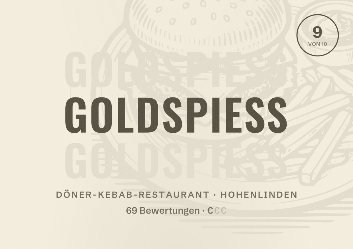 Illustriertes Poster von Goldspieß, Döner-Kebab-Restaurant in Hohenlinden: Bewertung 9 von 10 aus 69 Bewertungen, Preisniveau €