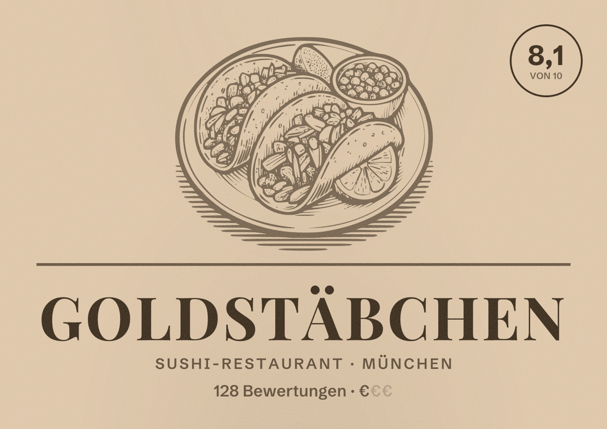 Illustriertes Poster von Goldstäbchen, Sushi-Restaurant in München: Bewertung 8,1 von 10 aus 128 Bewertungen, Preisniveau €