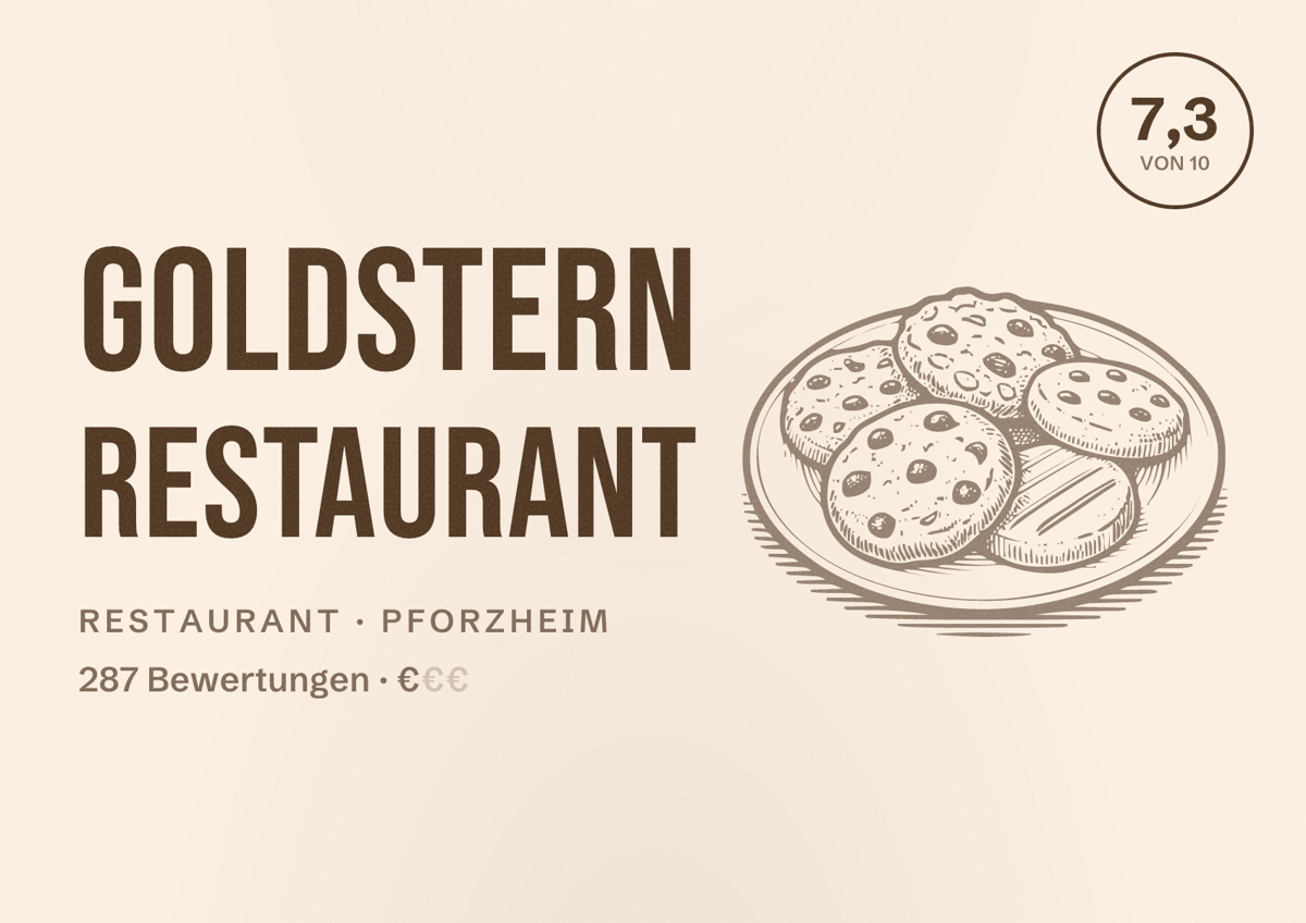 Illustriertes Poster von Goldstern Restaurant, Restaurant in Pforzheim: Bewertung 7,3 von 10 aus 287 Bewertungen, Preisniveau €