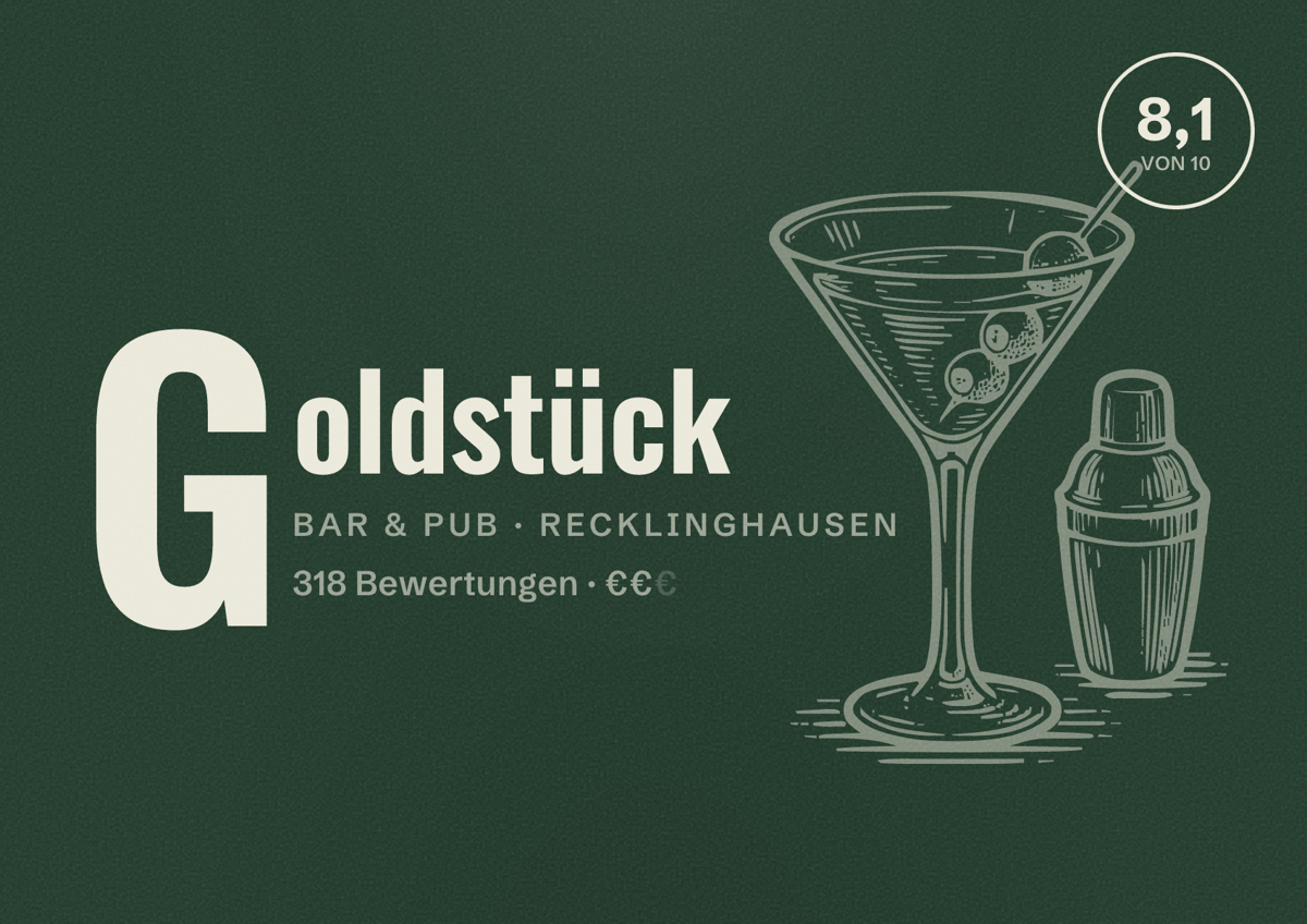 Illustriertes Poster von Goldstück, Bar & Pub in Recklinghausen: Bewertung 8,1 von 10 aus 318 Bewertungen, Preisniveau €€