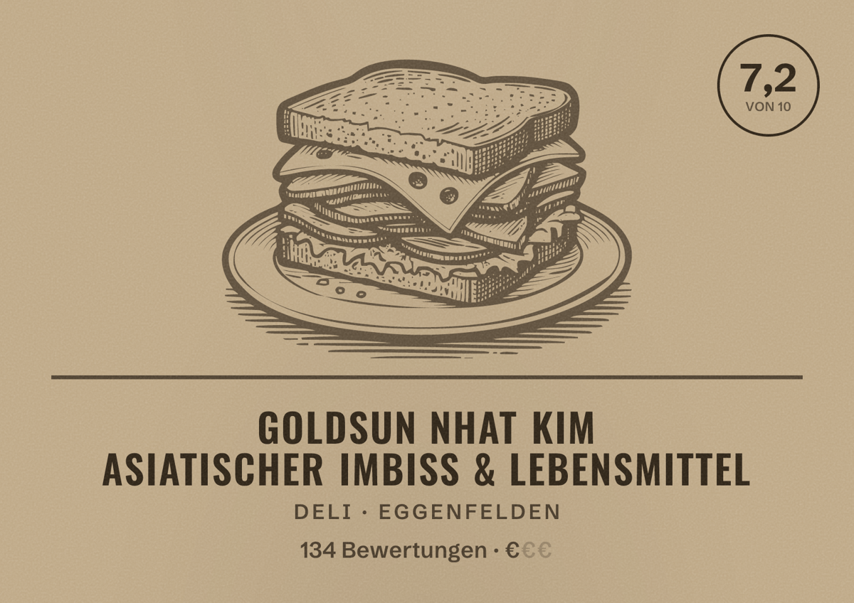 Illustriertes Poster von Goldsun Nhat Kim Asiatischer Imbiss & Lebensmittel, Deli in Eggenfelden: Bewertung 7,2 von 10 aus 134 Bewertungen, Preisniveau €