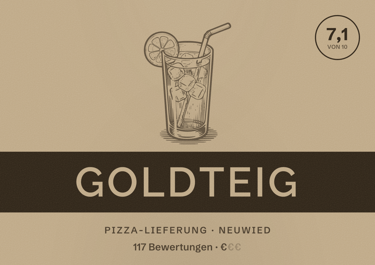 Illustriertes Poster von Goldteig, Pizza-Lieferung in Neuwied: Bewertung 7,1 von 10 aus 117 Bewertungen, Preisniveau €