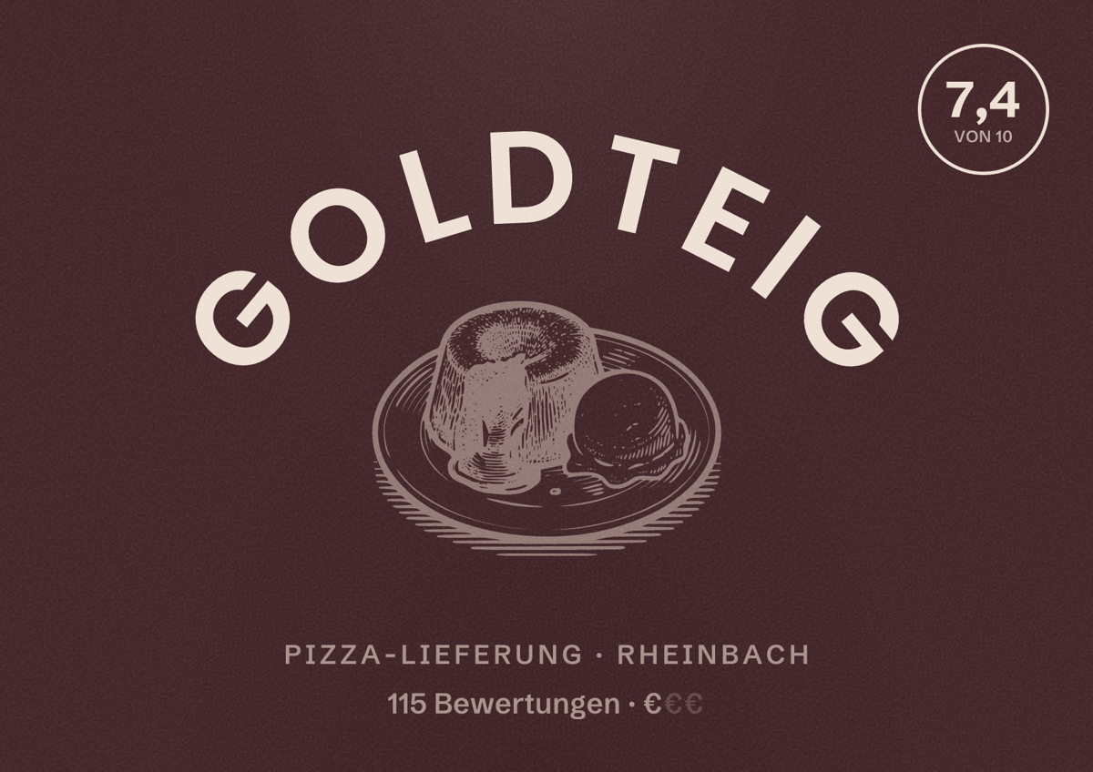 Illustriertes Poster von Goldteig, Pizza-Lieferung in Rheinbach: Bewertung 7,4 von 10 aus 115 Bewertungen, Preisniveau €