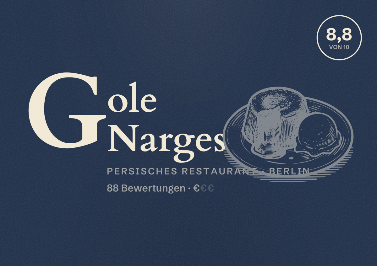 Illustriertes Poster von Gole Narges, Persisches Restaurant in Berlin: Bewertung 8,8 von 10 aus 88 Bewertungen, Preisniveau €