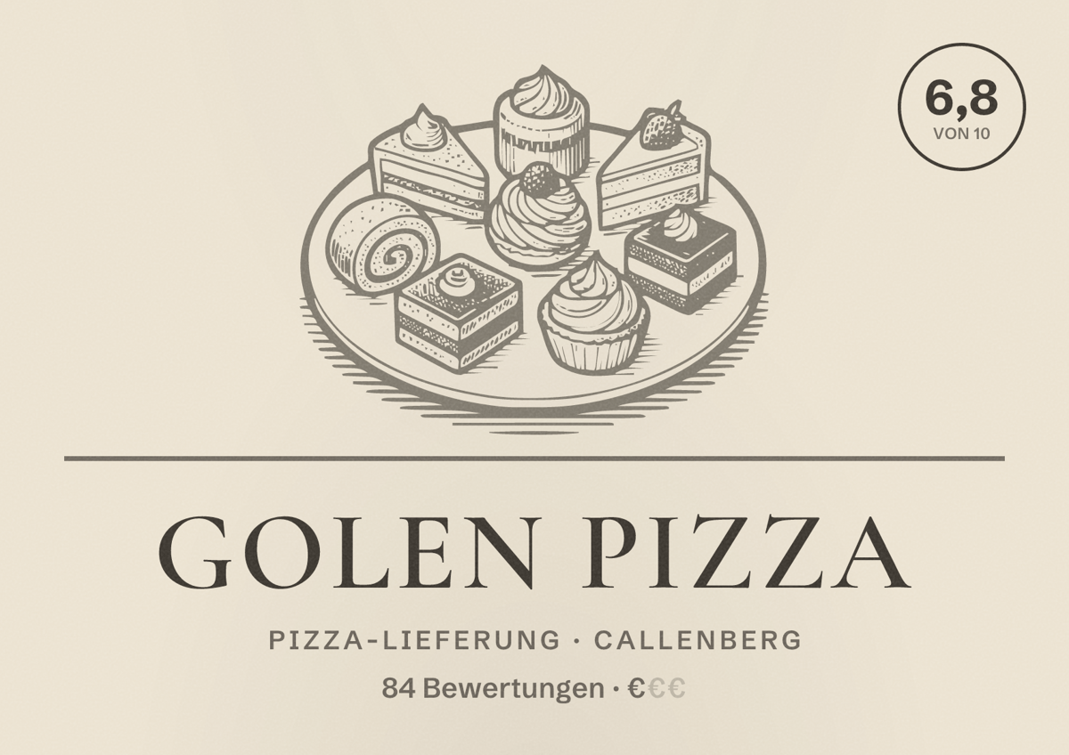 Illustriertes Poster von Golen pizza, Pizza-Lieferung in Callenberg: Bewertung 6,8 von 10 aus 84 Bewertungen, Preisniveau €