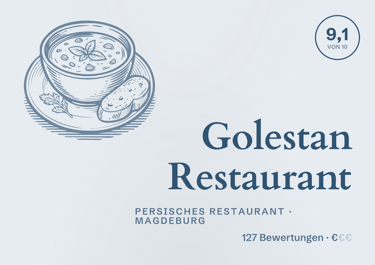 Illustriertes Poster von Golestan Restaurant, Persisches Restaurant in Magdeburg: Bewertung 9,1 von 10 aus 127 Bewertungen, Preisniveau €