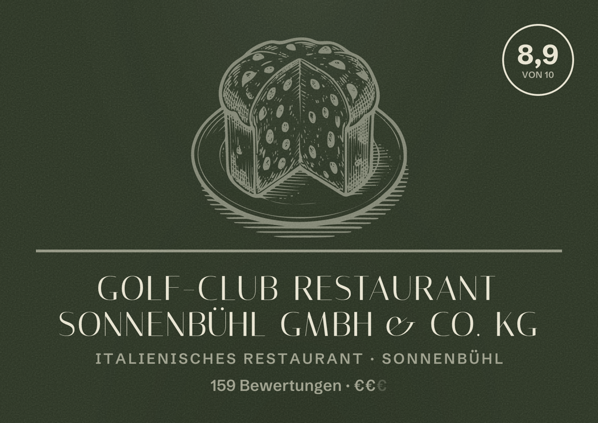 Illustriertes Poster von Golf-Club Restaurant Sonnenbühl GmbH & Co. KG, Italienisches Restaurant in Sonnenbühl: Bewertung 8,9 von 10 aus 159 Bewertungen, Preisniveau €€
