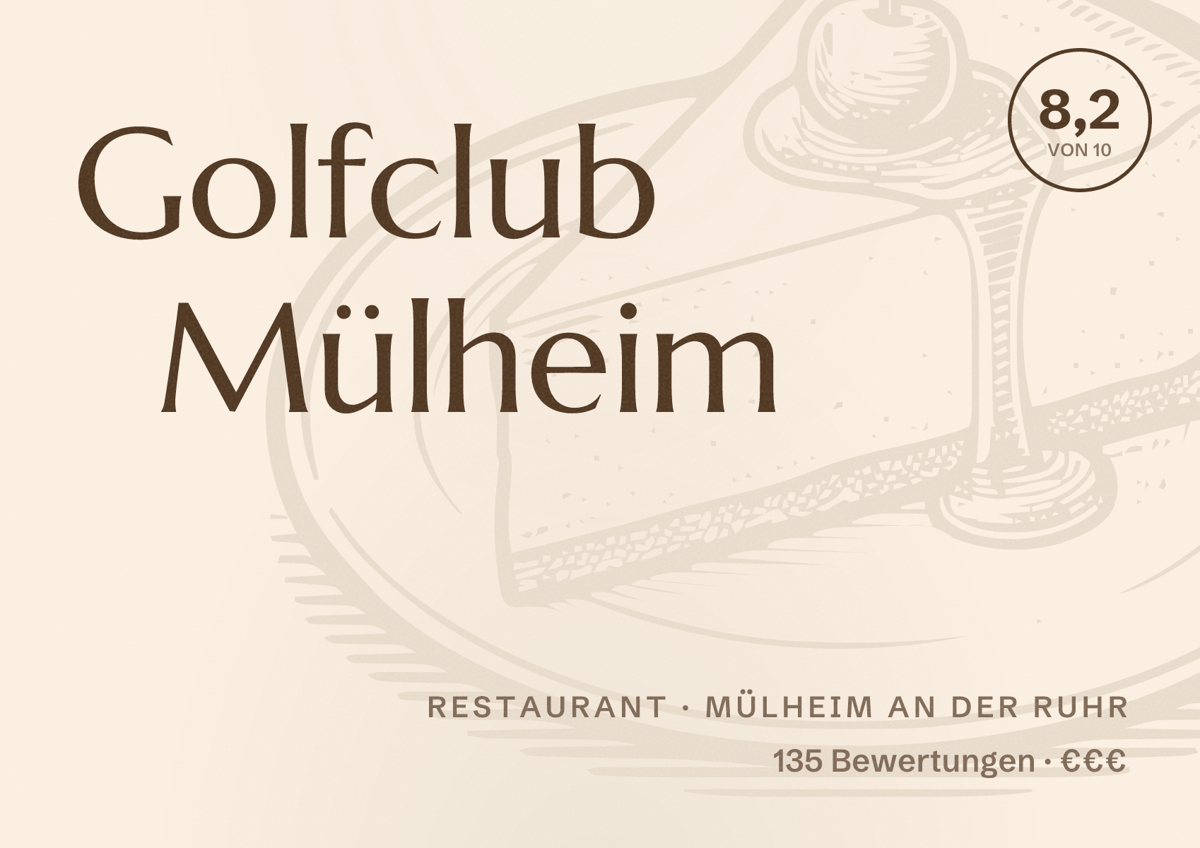 Illustriertes Poster von Golfclub Mülheim, Restaurant in Mülheim an der Ruhr: Bewertung 8,2 von 10 aus 135 Bewertungen, Preisniveau €€€