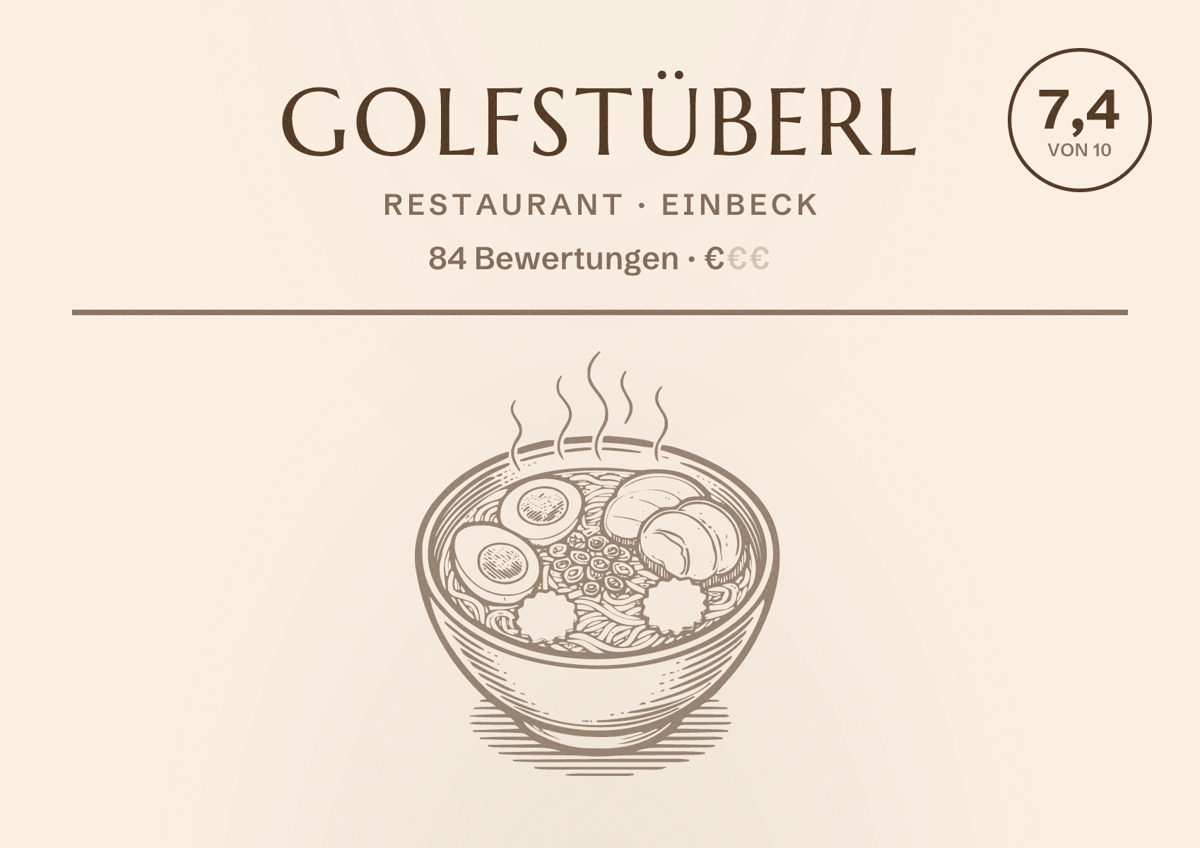 Illustriertes Poster von Golfstüberl, Restaurant in Einbeck: Bewertung 7,4 von 10 aus 84 Bewertungen, Preisniveau €