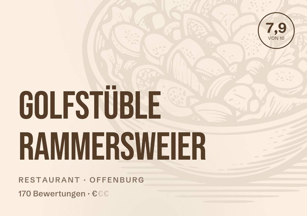 Illustriertes Poster von Golfstüble Rammersweier, Restaurant in Offenburg: Bewertung 7,9 von 10 aus 170 Bewertungen, Preisniveau €