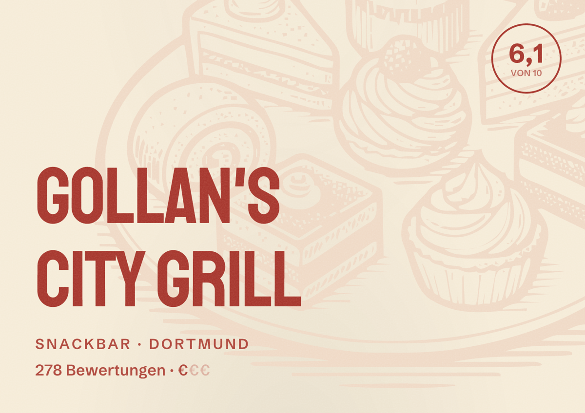Illustriertes Poster von Gollan's City Grill, Snackbar in Dortmund: Bewertung 6,1 von 10 aus 278 Bewertungen, Preisniveau €