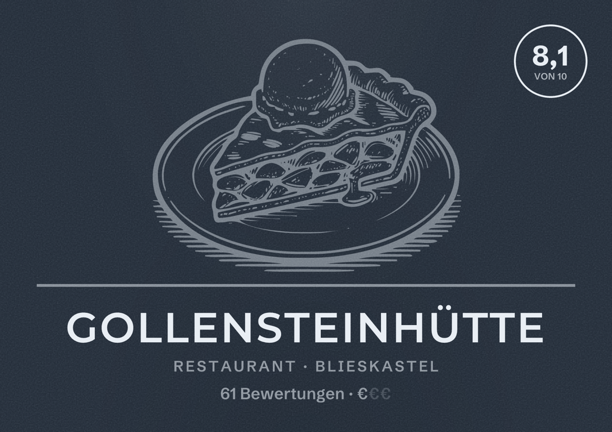 Illustriertes Poster von Gollensteinhütte, Restaurant in Blieskastel: Bewertung 8,1 von 10 aus 61 Bewertungen, Preisniveau €