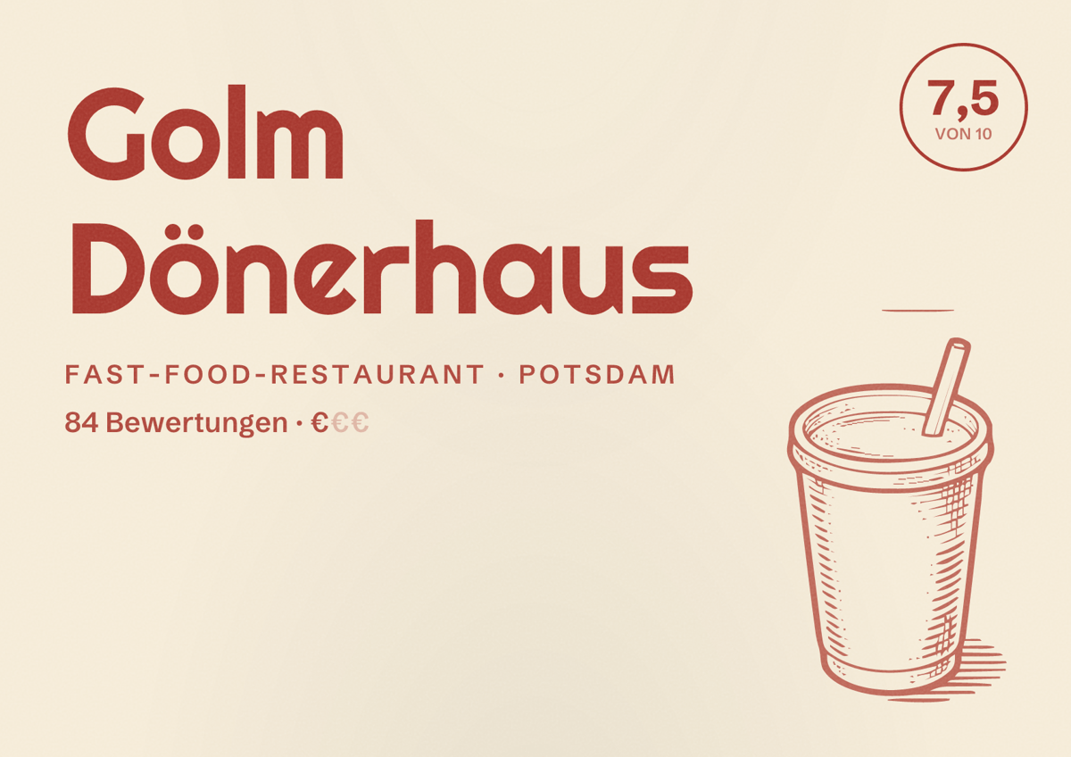 Illustriertes Poster von Golm Dönerhaus, Fast-Food-Restaurant in Potsdam: Bewertung 7,5 von 10 aus 84 Bewertungen, Preisniveau €