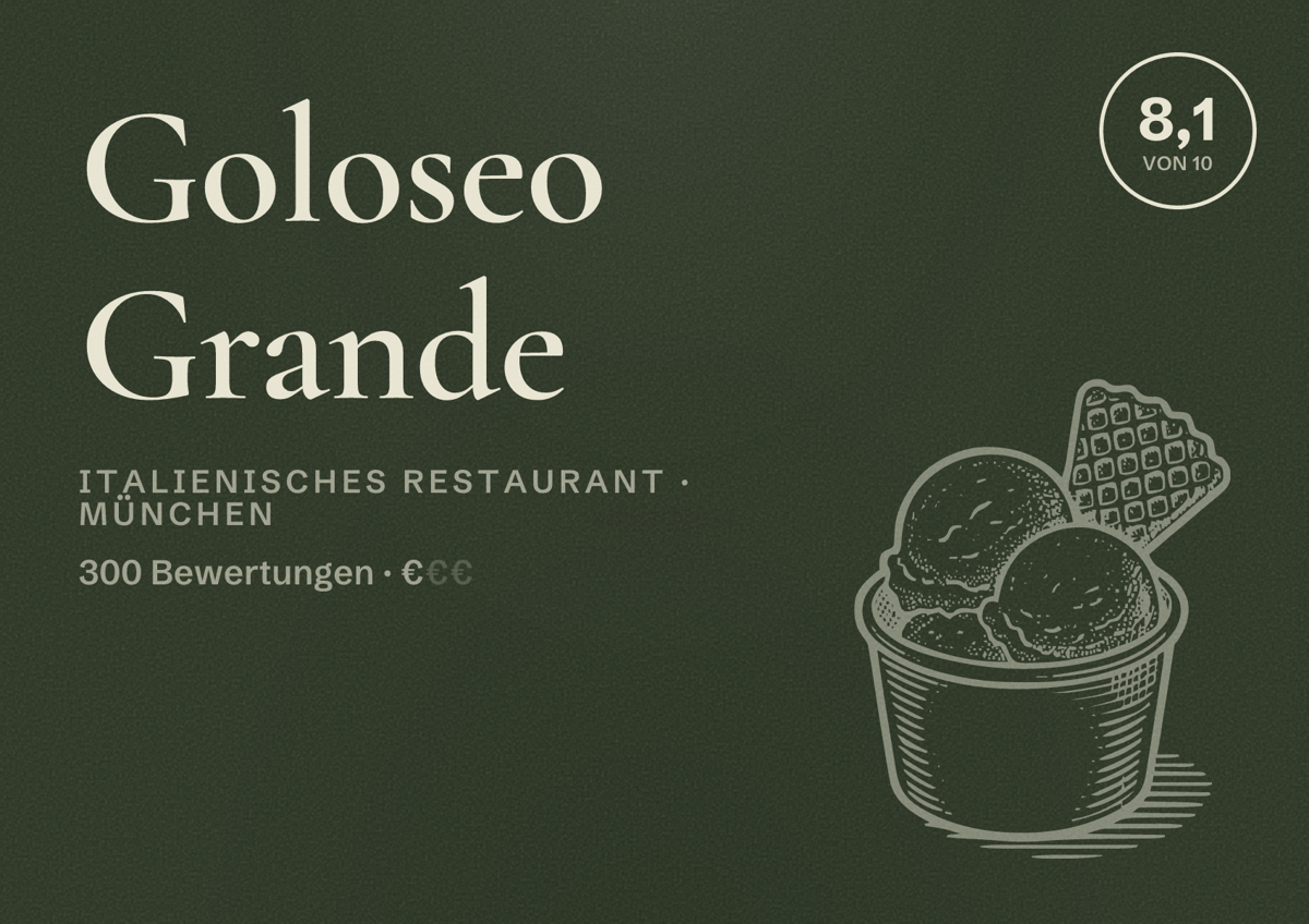 Illustriertes Poster von Goloseo Grande, Italienisches Restaurant in München: Bewertung 8,1 von 10 aus 300 Bewertungen, Preisniveau €