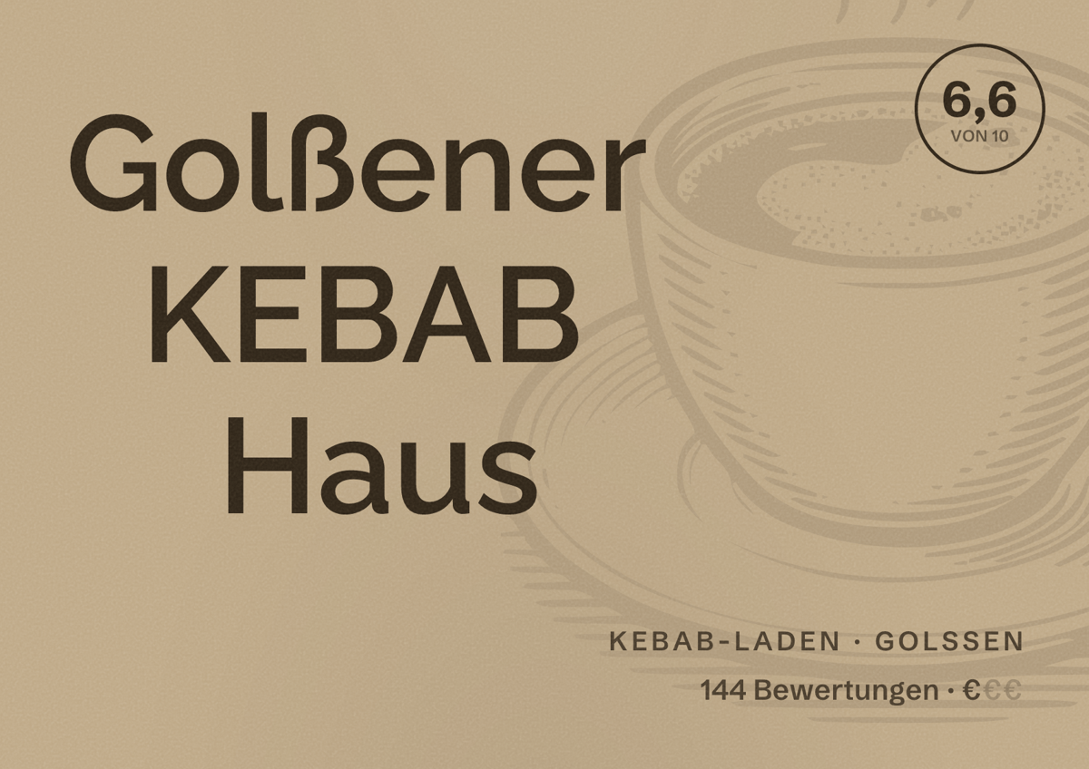 Illustriertes Poster von Golßener KEBAB Haus, Kebab-Laden in Golßen: Bewertung 6,6 von 10 aus 144 Bewertungen, Preisniveau €