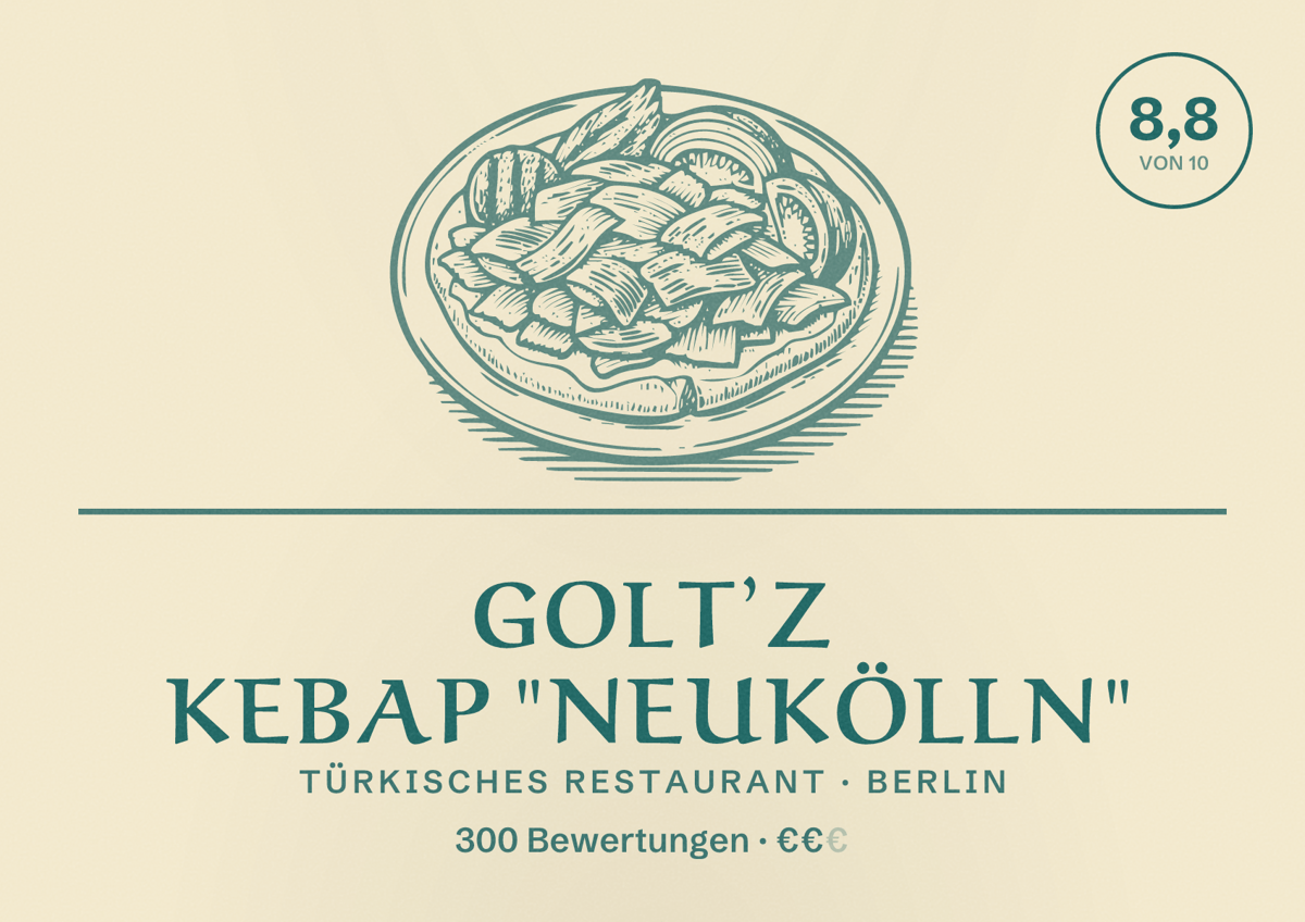 Illustriertes Poster von Golt’z Kebap "Neukölln", Türkisches Restaurant in Berlin: Bewertung 8,8 von 10 aus 300 Bewertungen, Preisniveau €€