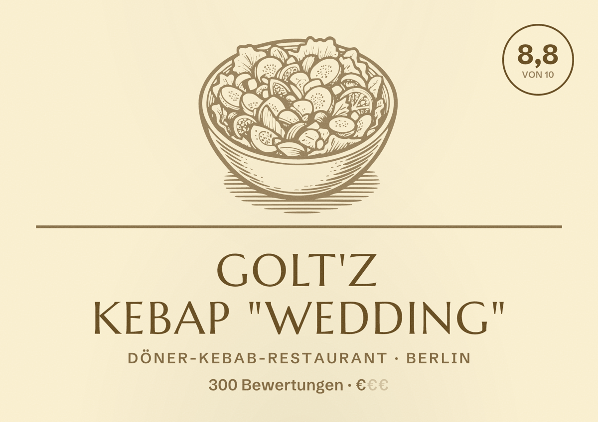 Illustriertes Poster von Golt'z Kebap "Wedding", Döner-Kebab-Restaurant in Berlin: Bewertung 8,8 von 10 aus 300 Bewertungen, Preisniveau €