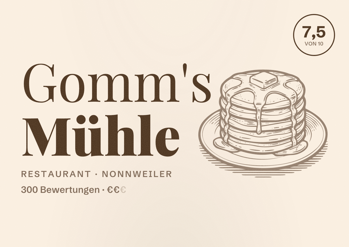 Illustriertes Poster von Gomm's Mühle, Restaurant in Nonnweiler: Bewertung 7,5 von 10 aus 300 Bewertungen, Preisniveau €€