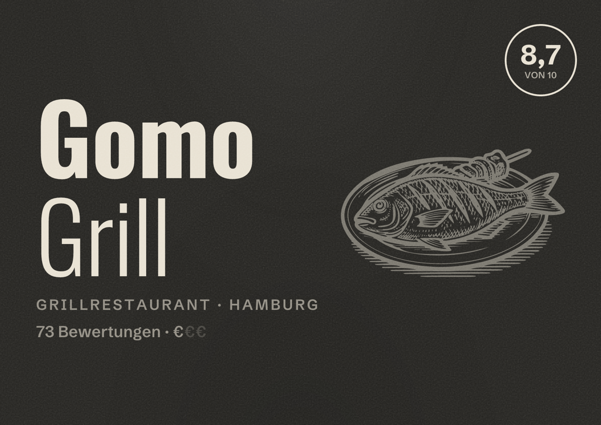 Illustriertes Poster von Gomo Grill, Grillrestaurant in Hamburg: Bewertung 8,7 von 10 aus 73 Bewertungen, Preisniveau €