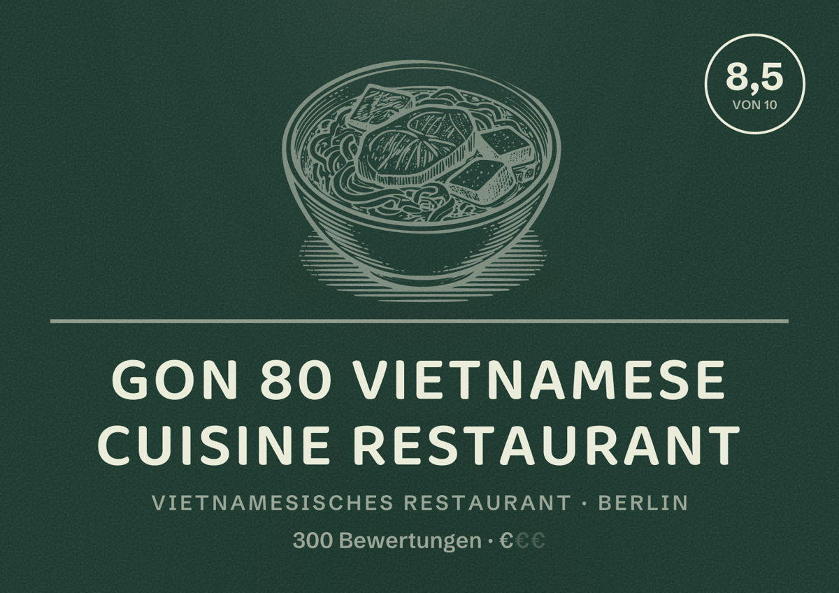 Illustriertes Poster von Gon 80 Vietnamese Cuisine Restaurant, Vietnamesisches Restaurant in Berlin: Bewertung 8,5 von 10 aus 300 Bewertungen, Preisniveau €