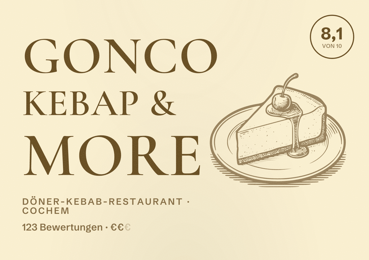 Illustriertes Poster von GONCO Kebap & More, Döner-Kebab-Restaurant in Cochem: Bewertung 8,1 von 10 aus 123 Bewertungen, Preisniveau €€