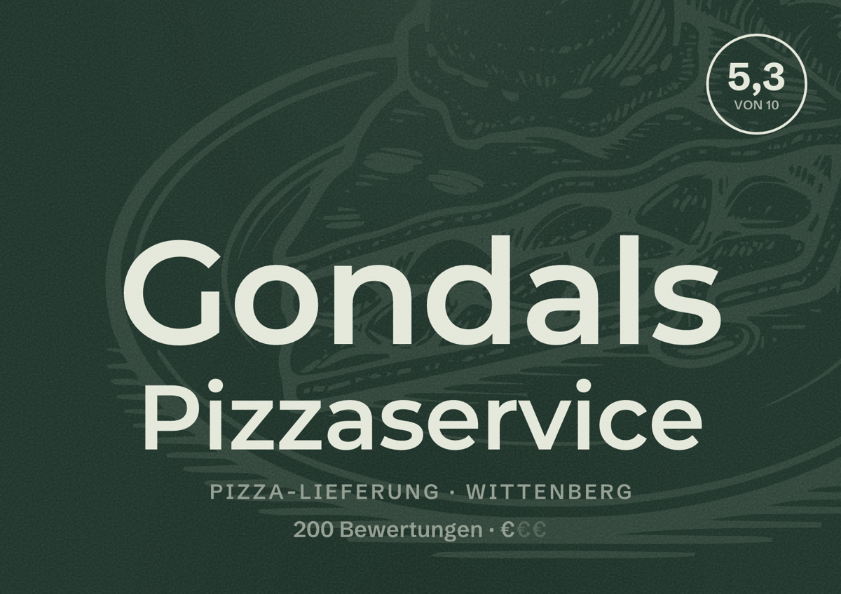 Illustriertes Poster von Gondals Pizzaservice, Pizza-Lieferung in Wittenberg: Bewertung 5,3 von 10 aus 200 Bewertungen, Preisniveau €