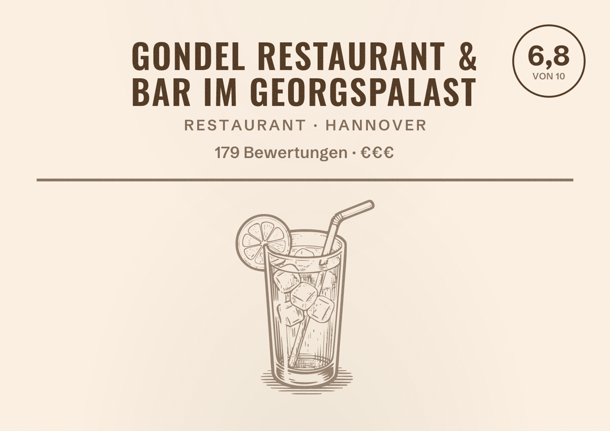 Illustriertes Poster von Gondel Restaurant & Bar im Georgspalast, Restaurant in Hannover: Bewertung 6,8 von 10 aus 179 Bewertungen, Preisniveau €€€