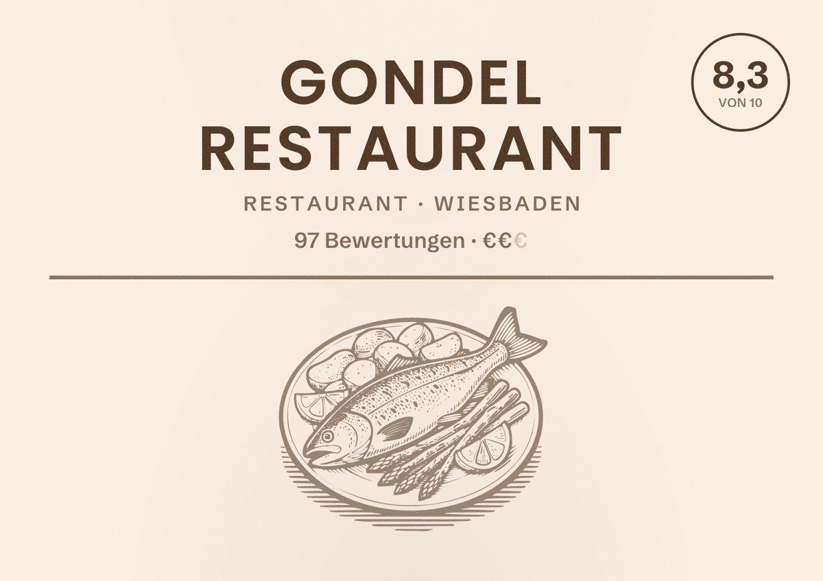 Illustriertes Poster von Gondel Restaurant, Restaurant in Wiesbaden: Bewertung 8,3 von 10 aus 97 Bewertungen, Preisniveau €€