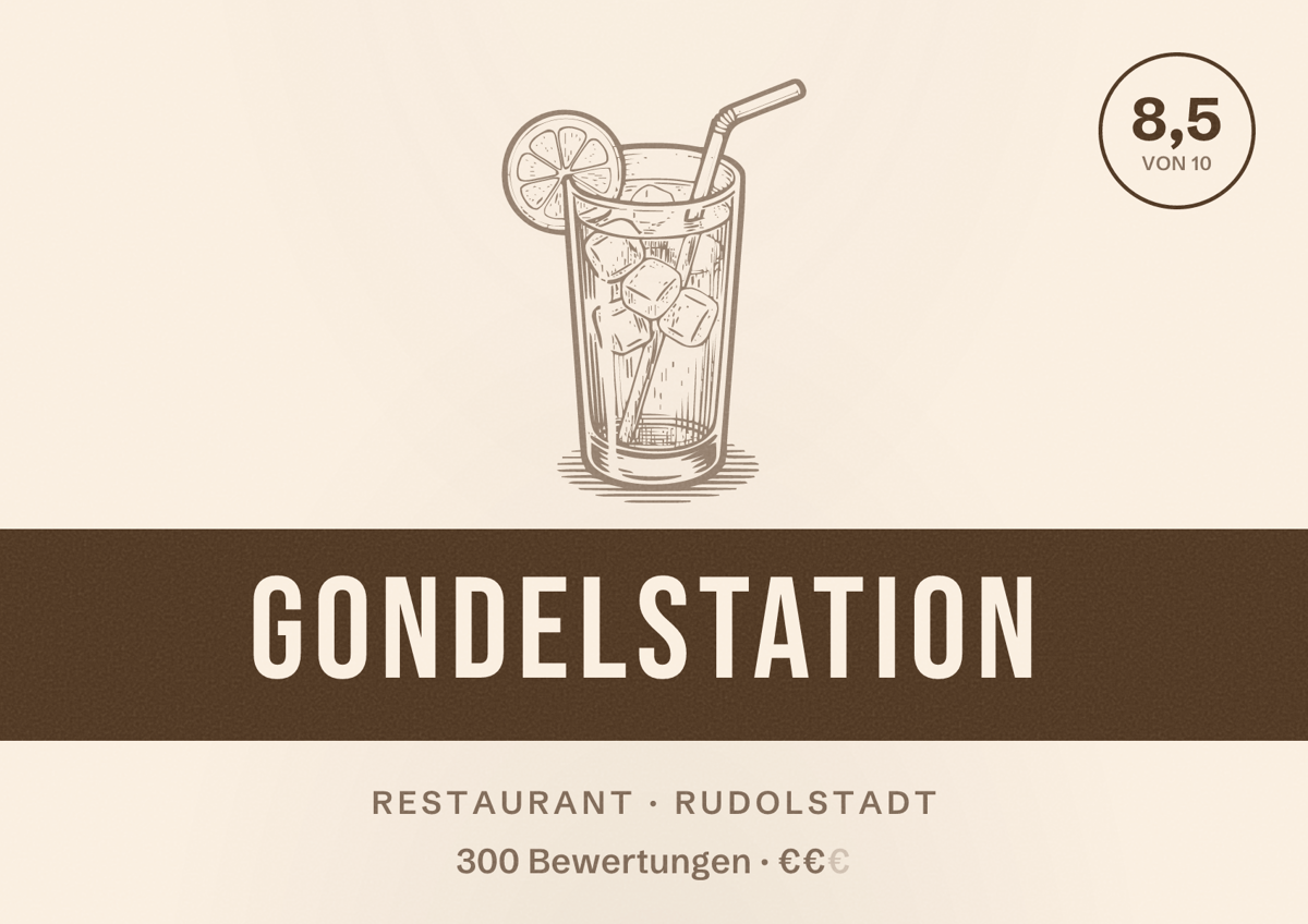 Illustriertes Poster von Gondelstation, Restaurant in Rudolstadt: Bewertung 8,5 von 10 aus 300 Bewertungen, Preisniveau €€