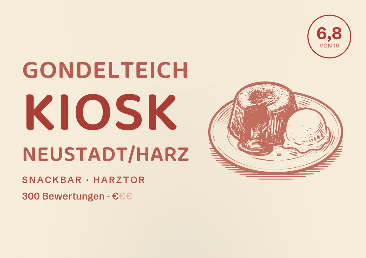Illustriertes Poster von Gondelteich Kiosk Neustadt/Harz, Snackbar in Harztor: Bewertung 6,8 von 10 aus 300 Bewertungen, Preisniveau €