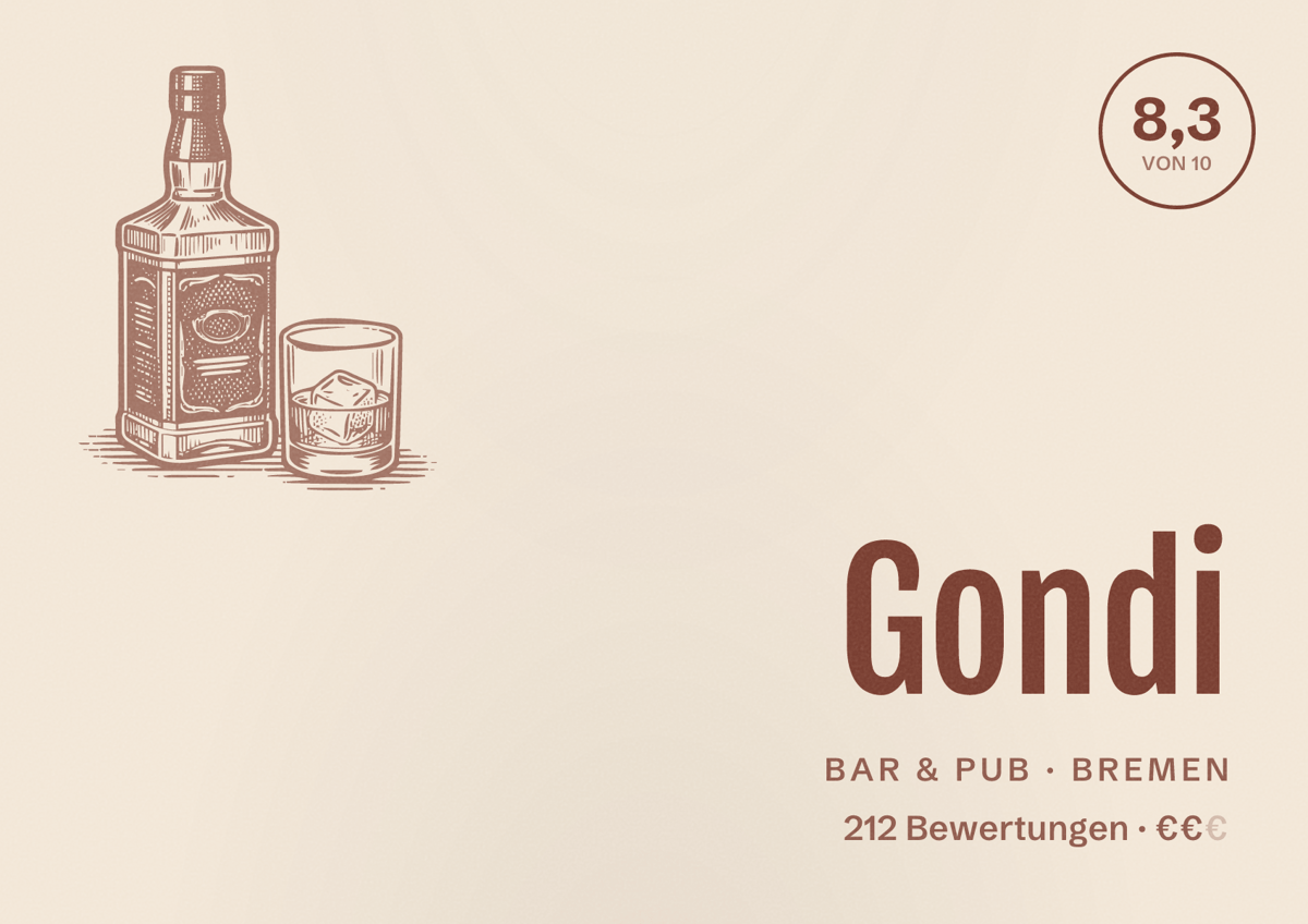 Illustriertes Poster von Gondi, Bar & Pub in Bremen: Bewertung 8,3 von 10 aus 212 Bewertungen, Preisniveau €€