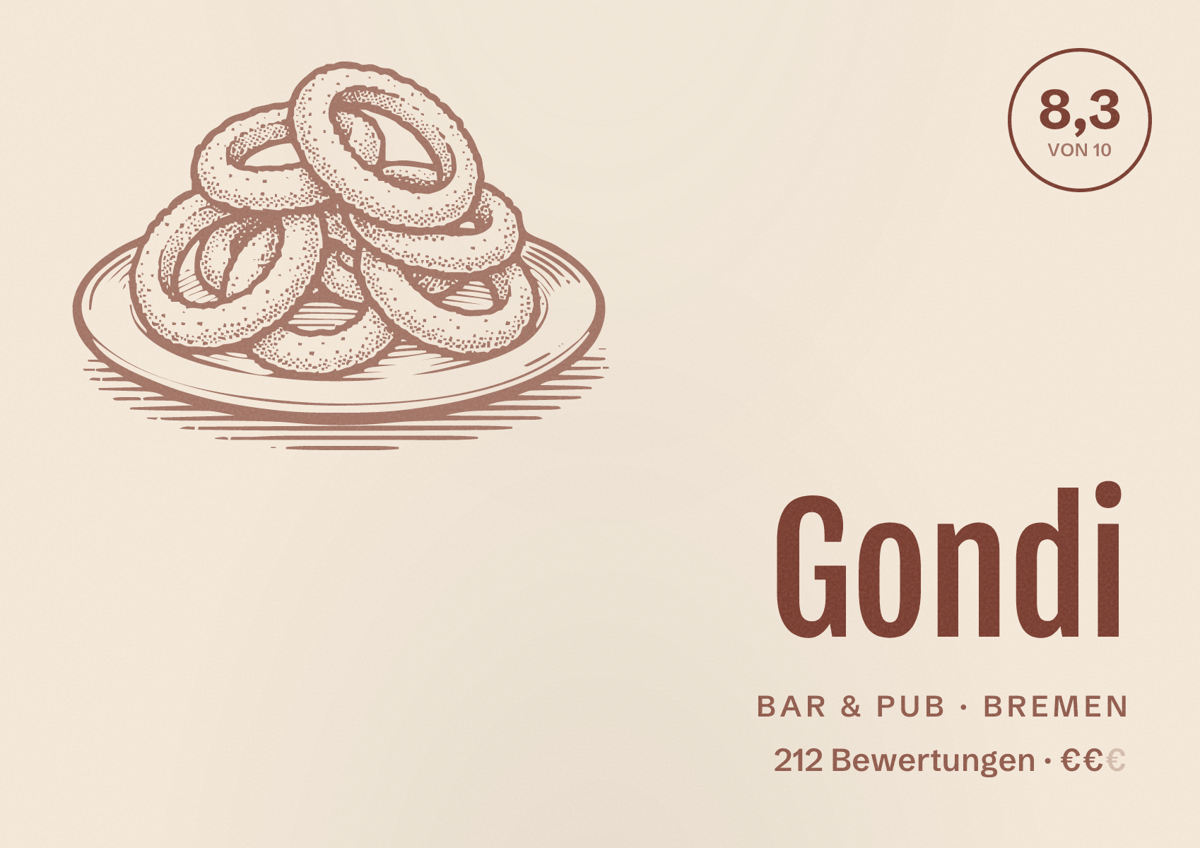 Illustriertes Poster von Gondi, Bar & Pub in Bremen: Bewertung 8,3 von 10 aus 212 Bewertungen, Preisniveau €€