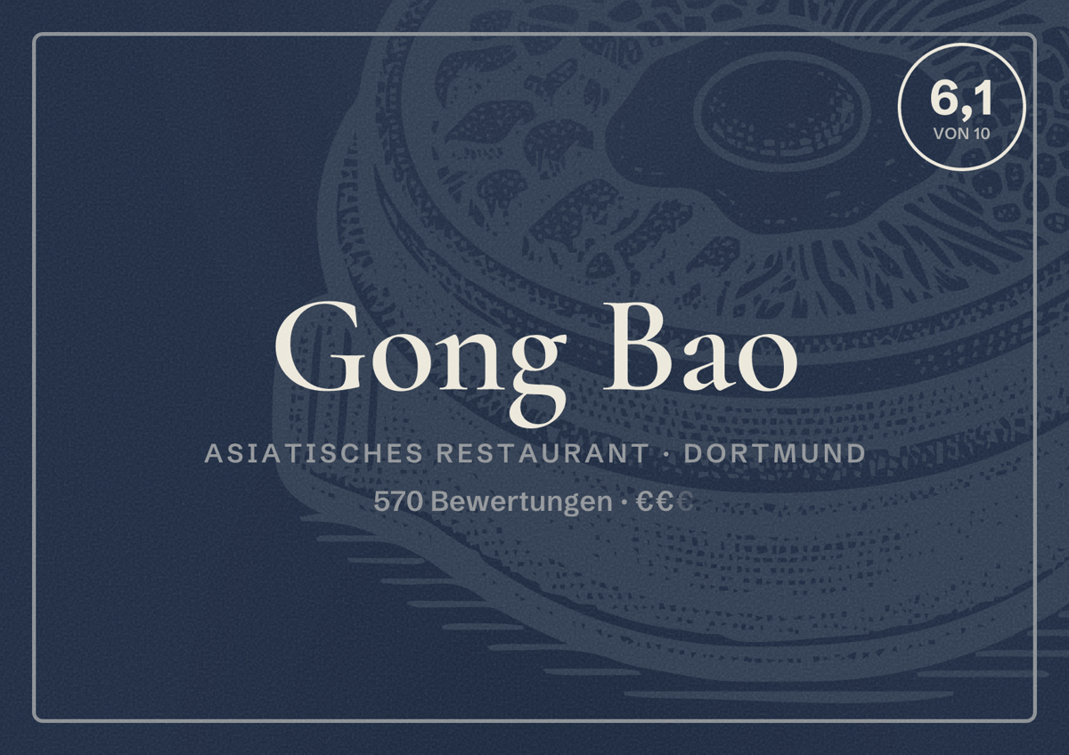 Illustriertes Poster von Gong Bao, Asiatisches Restaurant in Dortmund: Bewertung 6,1 von 10 aus 570 Bewertungen, Preisniveau €€