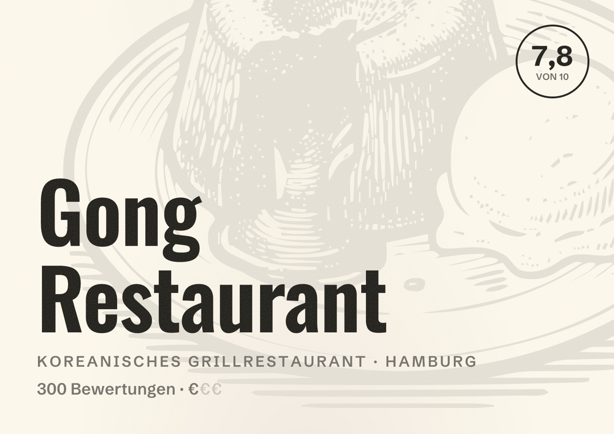 Illustriertes Poster von Gong Restaurant, Koreanisches Grillrestaurant in Hamburg: Bewertung 7,8 von 10 aus 300 Bewertungen, Preisniveau €