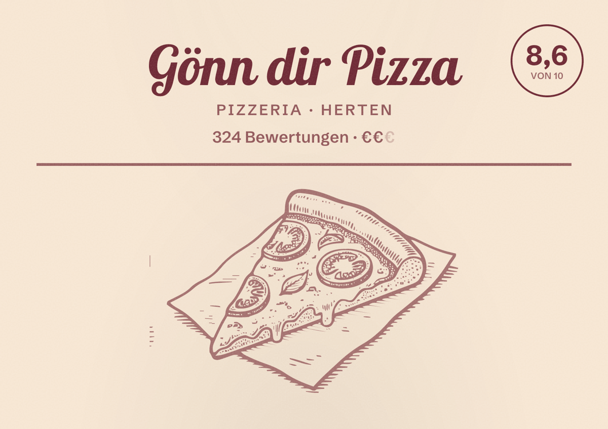 Illustriertes Poster von Gönn dir Pizza, Pizzeria in Herten: Bewertung 8,6 von 10 aus 324 Bewertungen, Preisniveau €€
