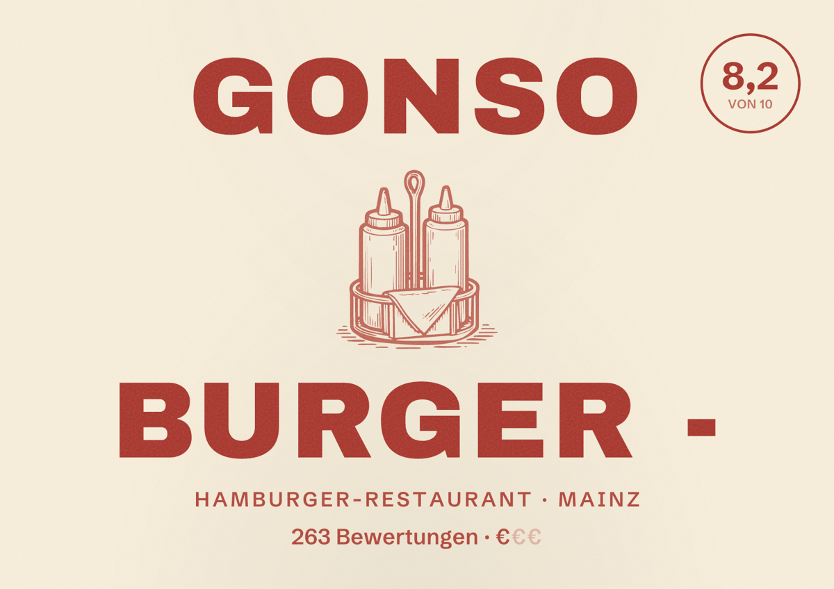 Illustriertes Poster von Gonso Burger -, Hamburger-Restaurant in Mainz: Bewertung 8,2 von 10 aus 263 Bewertungen, Preisniveau €