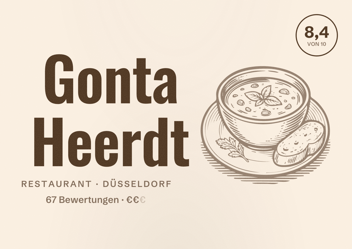 Illustriertes Poster von Gonta Heerdt, Restaurant in Düsseldorf: Bewertung 8,4 von 10 aus 67 Bewertungen, Preisniveau €€