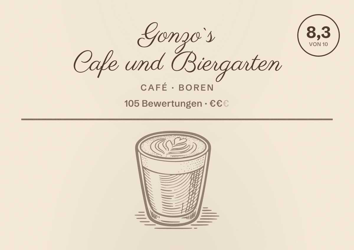 Illustriertes Poster von Gonzo`s Cafe und Biergarten, Café in Boren: Bewertung 8,3 von 10 aus 105 Bewertungen, Preisniveau €€