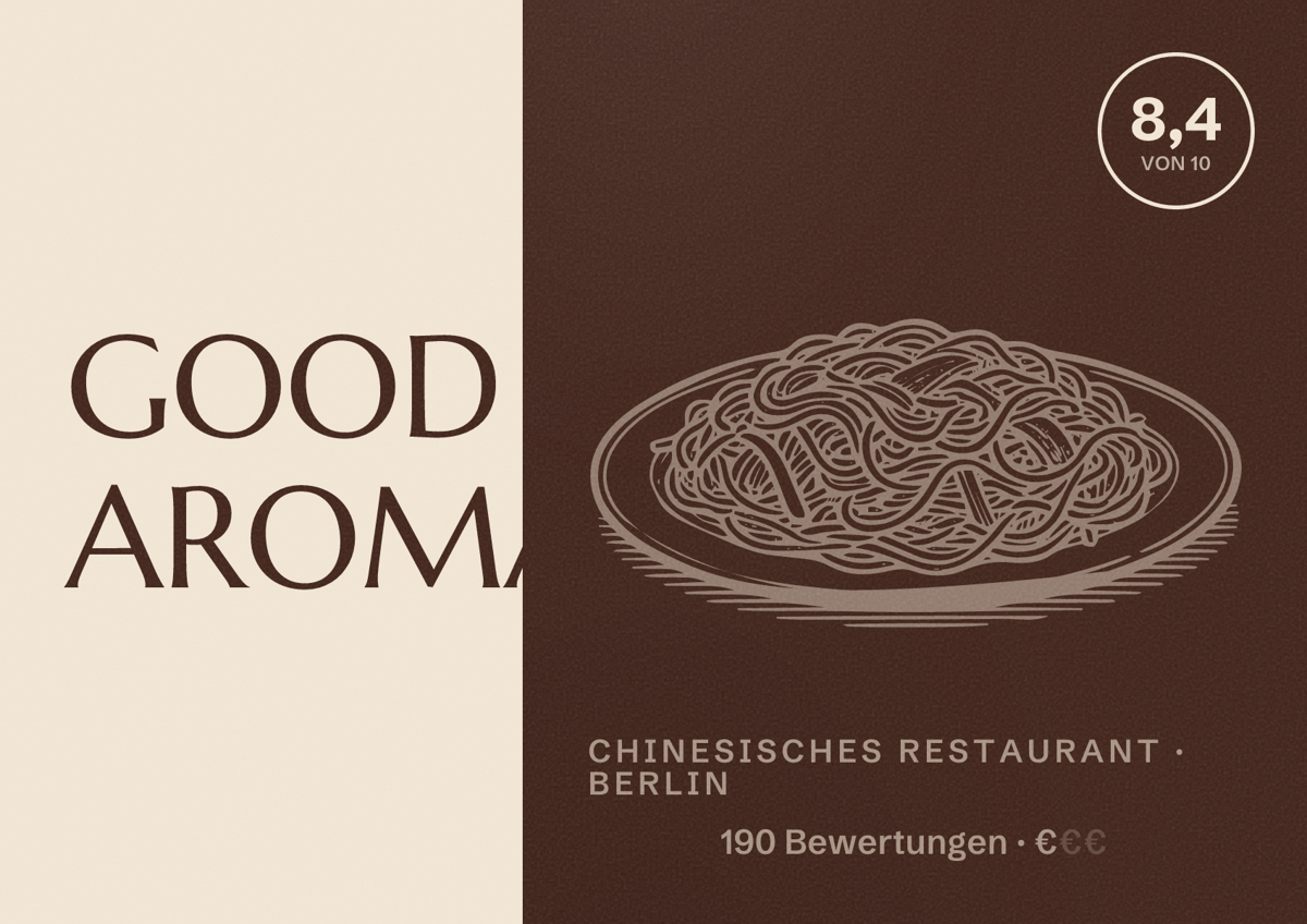 Illustriertes Poster von GOOD AROMA, Chinesisches Restaurant in Berlin: Bewertung 8,4 von 10 aus 190 Bewertungen, Preisniveau €
