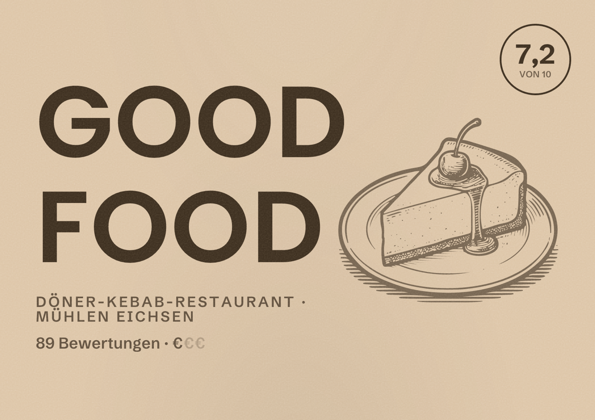 Illustriertes Poster von Good Food, Döner-Kebab-Restaurant in Mühlen Eichsen: Bewertung 7,2 von 10 aus 89 Bewertungen, Preisniveau €
