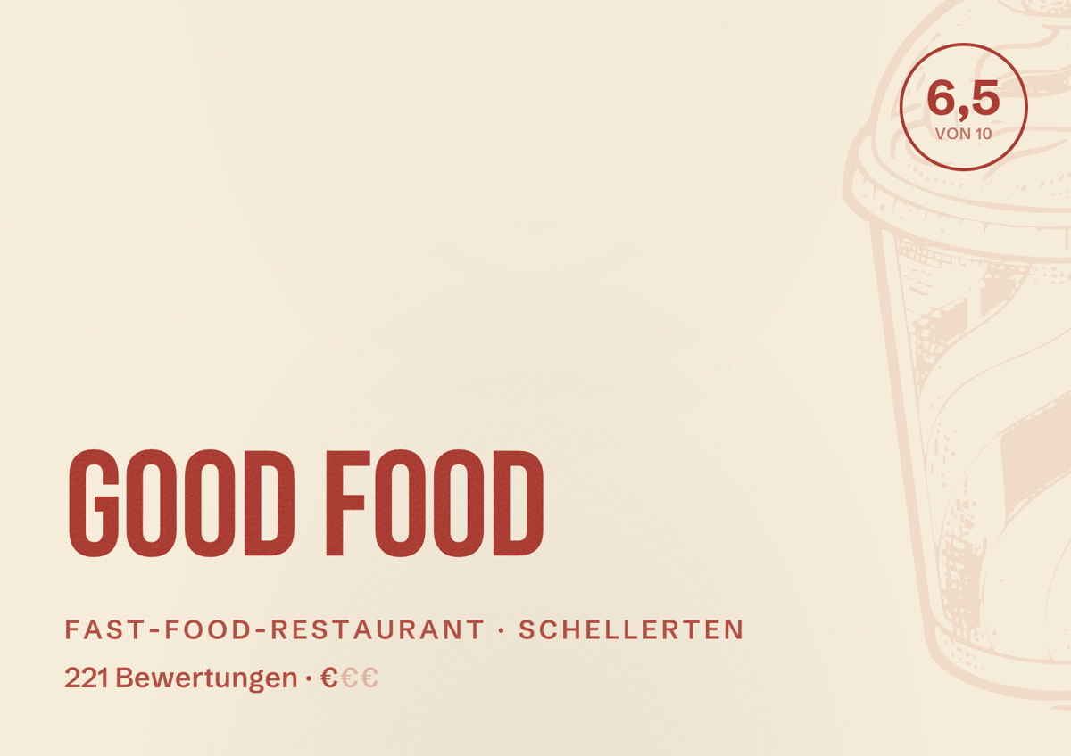 Illustriertes Poster von Good Food, Fast-Food-Restaurant in Schellerten: Bewertung 6,5 von 10 aus 221 Bewertungen, Preisniveau €