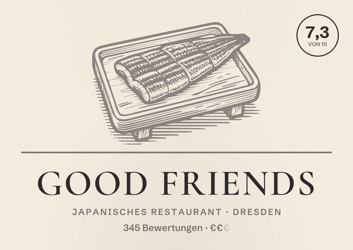 Illustriertes Poster von Good Friends, Japanisches Restaurant in Dresden: Bewertung 7,3 von 10 aus 345 Bewertungen, Preisniveau €€