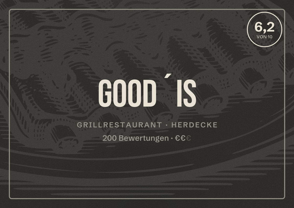 Illustriertes Poster von Good´is, Grillrestaurant in Herdecke: Bewertung 6,2 von 10 aus 200 Bewertungen, Preisniveau €€