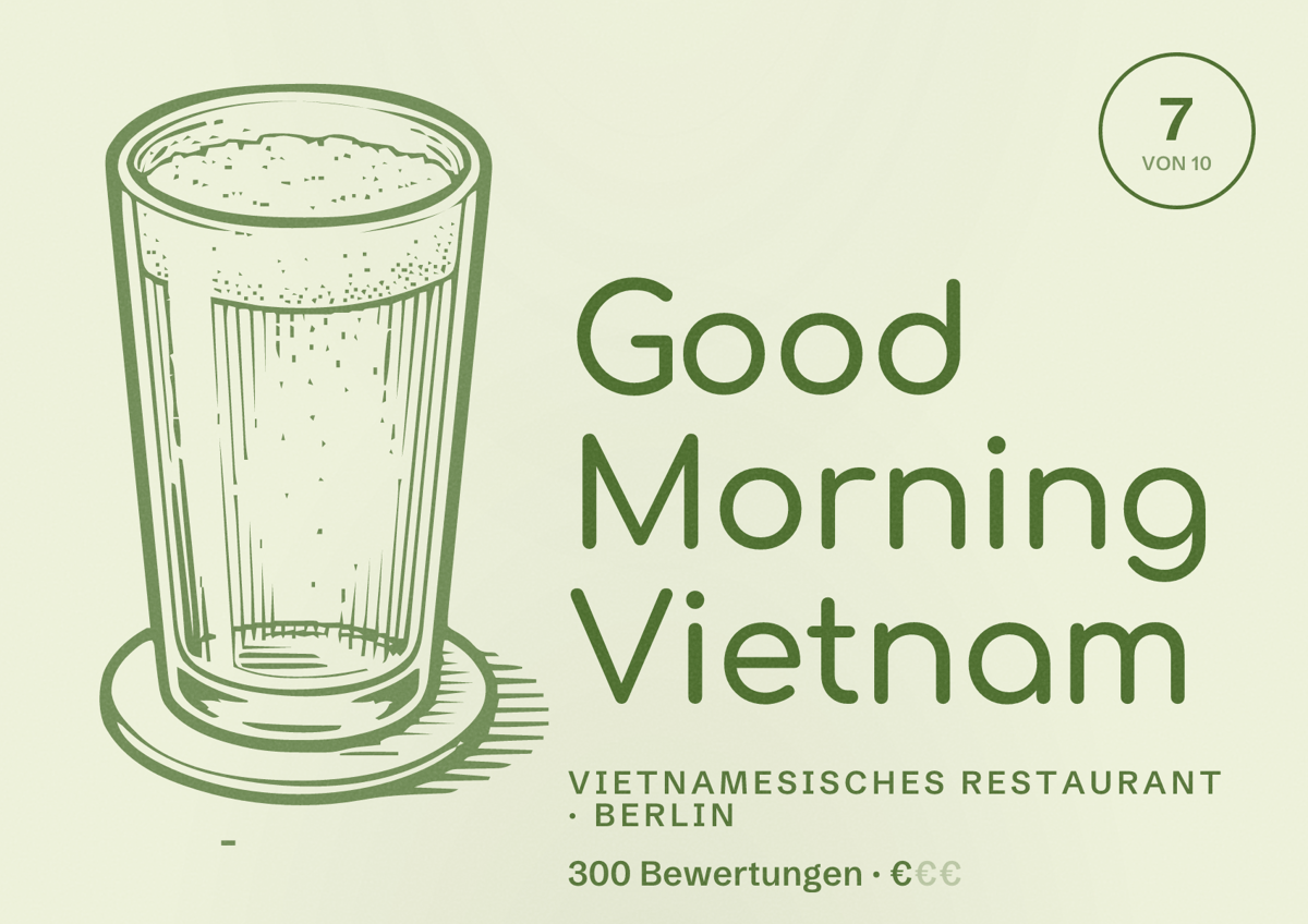 Illustriertes Poster von Good Morning Vietnam, Vietnamesisches Restaurant in Berlin: Bewertung 7,0 von 10 aus 300 Bewertungen, Preisniveau €