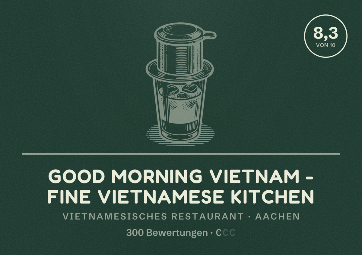 Illustriertes Poster von Good morning Vietnam - Fine Vietnamese Kitchen, Vietnamesisches Restaurant in Aachen: Bewertung 8,3 von 10 aus 300 Bewertungen, Preisniveau €