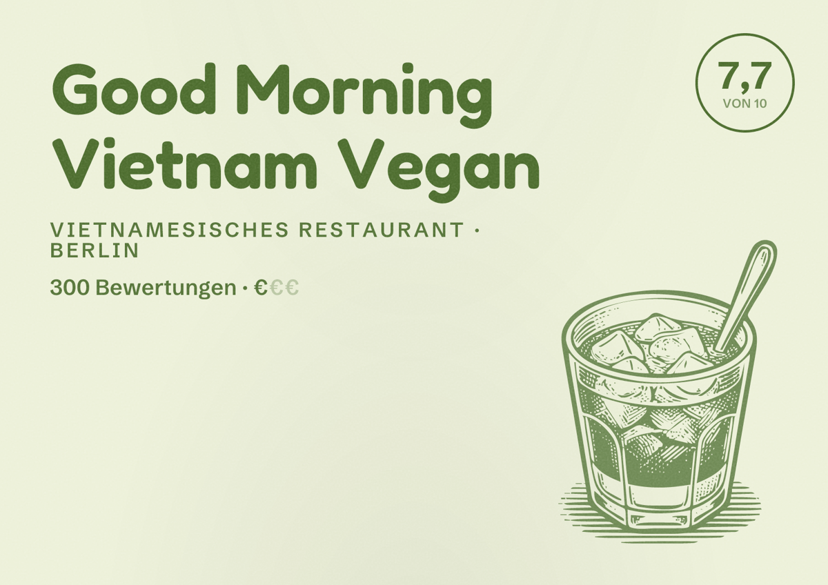 Illustriertes Poster von Good Morning Vietnam Vegan, Vietnamesisches Restaurant in Berlin: Bewertung 7,7 von 10 aus 300 Bewertungen, Preisniveau €